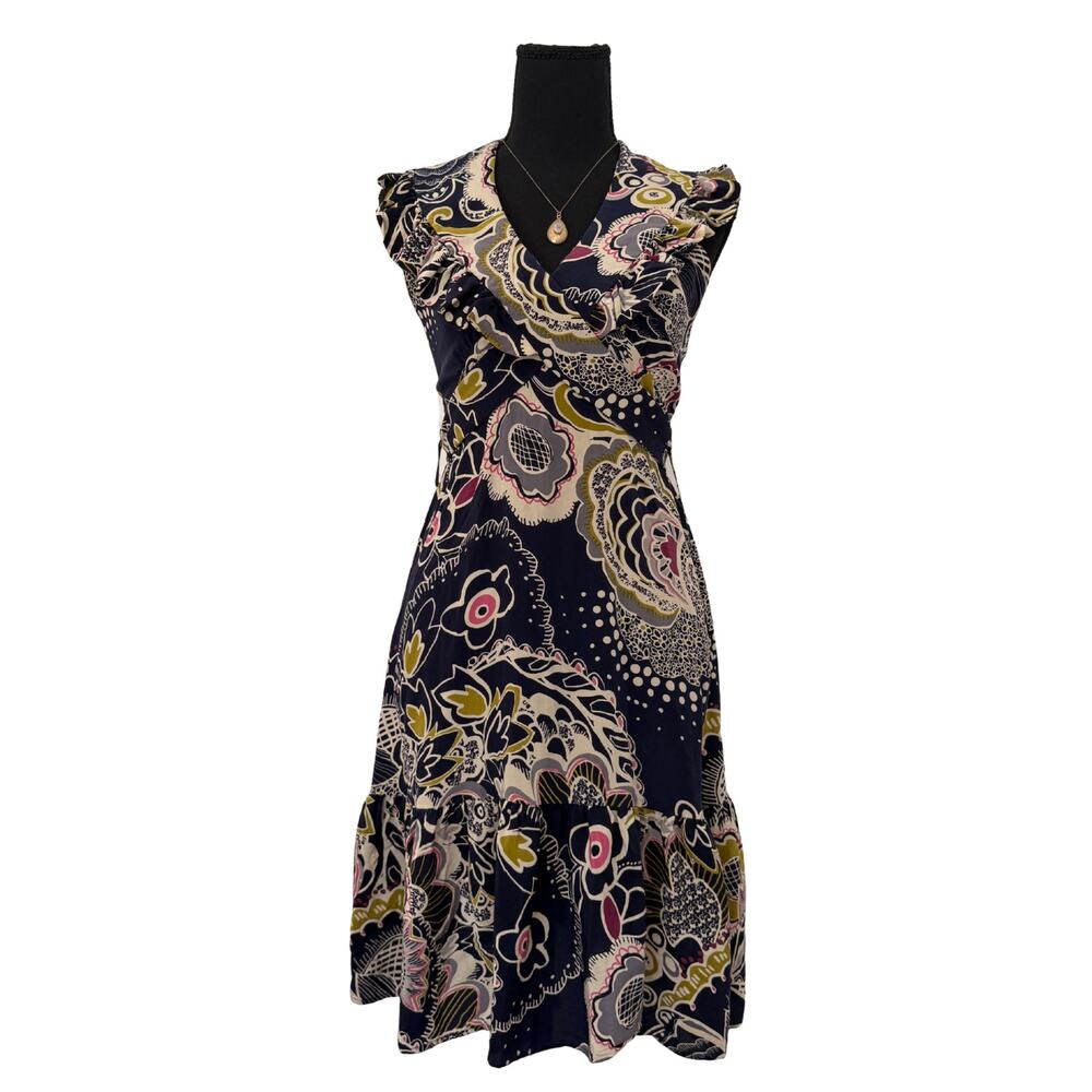 Anthropologie Postella 100% Silk Halter Ruffle Wrap Dress Navy Multi Floral SP